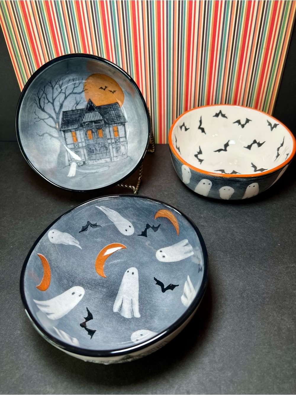 3 Halloween Ceramic Bowls Haunted House Ghosts Bats Moon Dead Trees Gray Black